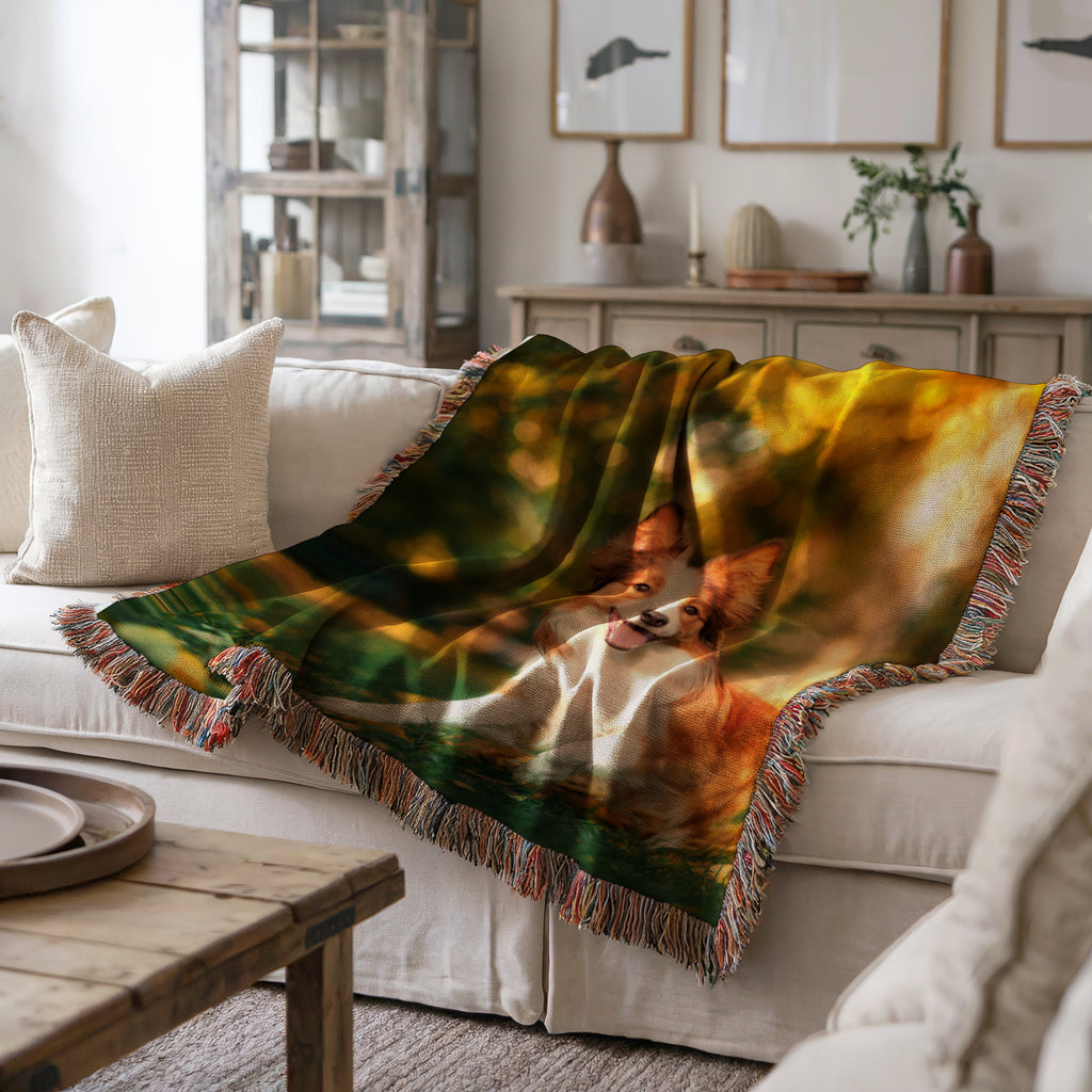 Classic throw size woven photo blanket of a dog in golden autumn light, draped with fringed edges over a white sofa