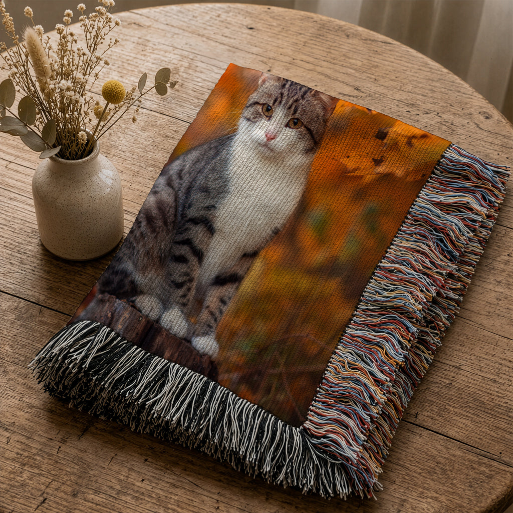 Woven photo blanket of a tabby cat folded on a wooden table beside a vase of dried flowers, ready to give as a gift