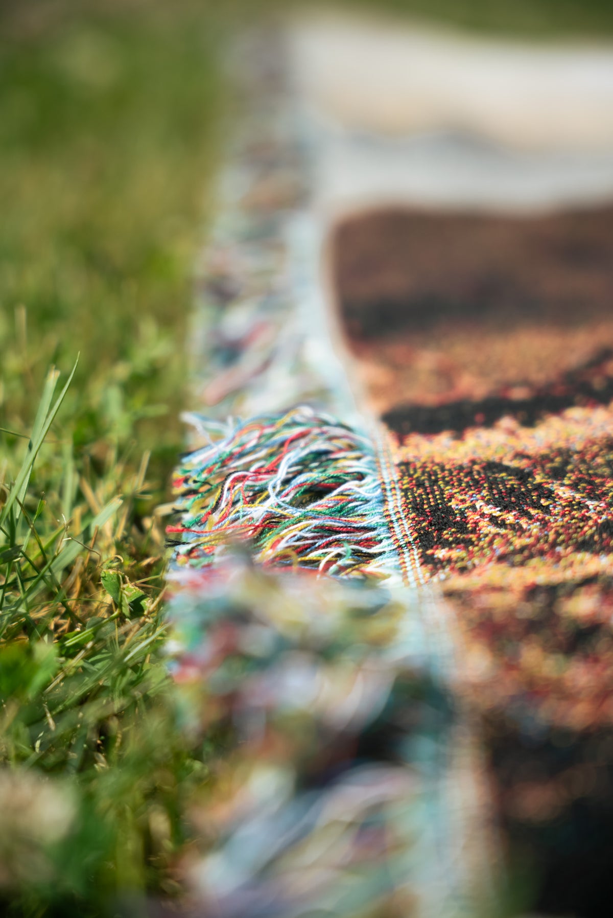 A close-up, low-angle shot of a woven blanket with multicolor fringe, laid out on green grass. The rug features a dark brown and black abstract pattern with a light blue border.